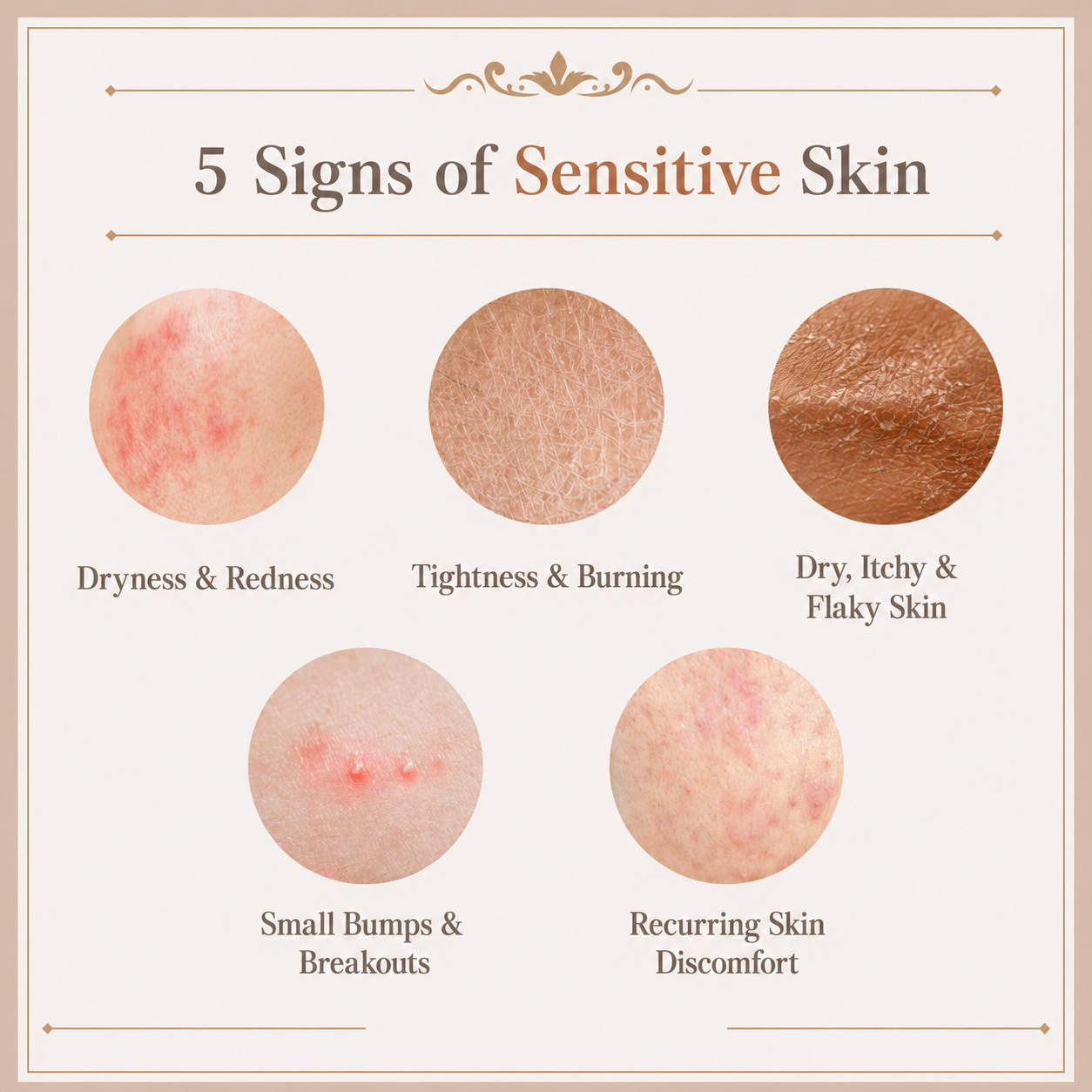 Five common signs of sensitive-looking skin: dryness and redness, tightness and burning, dry itchy flaky skin, small bumps and breakouts, and recurring skin discomfort